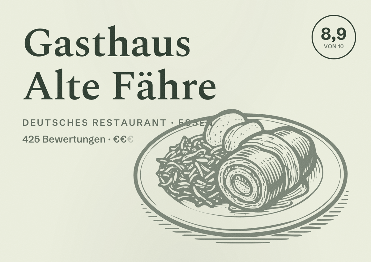 Illustriertes Poster von Gasthaus Alte Fähre, Deutsches Restaurant in Essen: Bewertung 8,9 von 10 aus 425 Bewertungen, Preisniveau €€