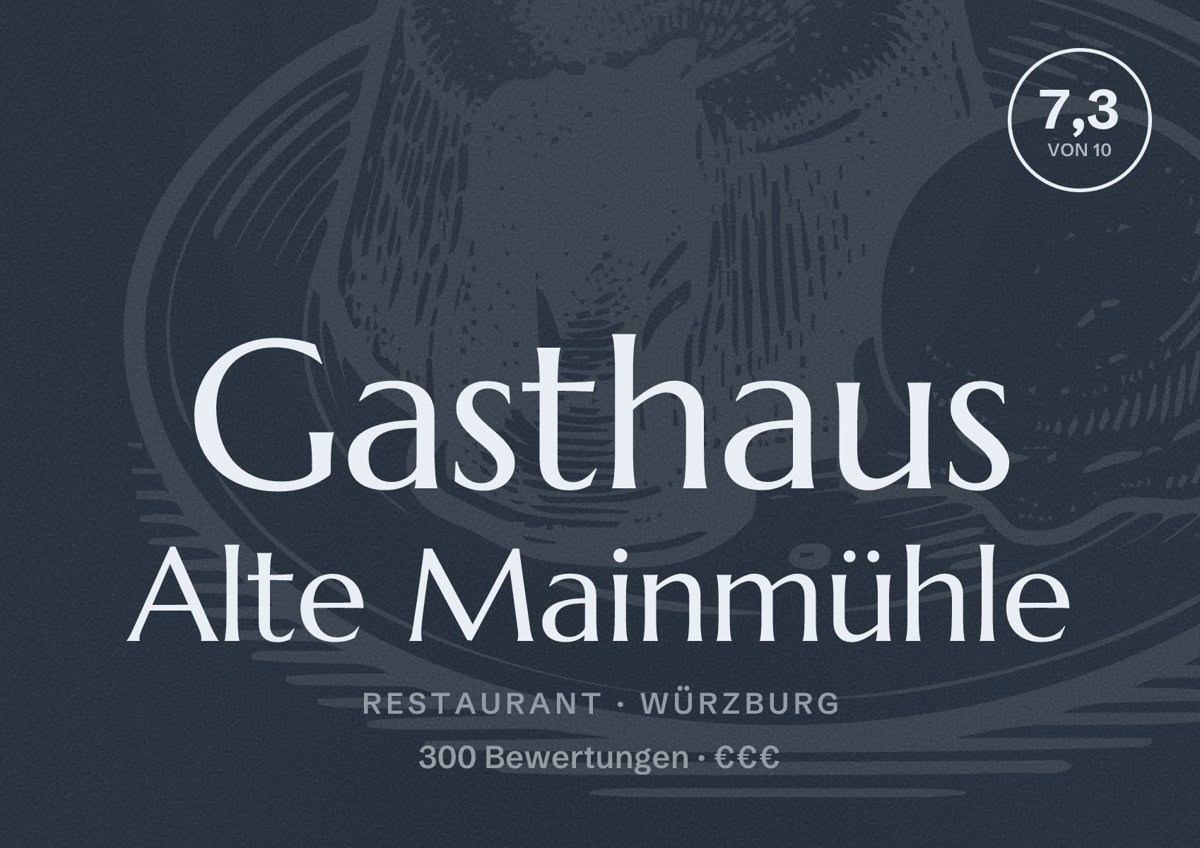 Illustriertes Poster von Gasthaus Alte Mainmühle, Restaurant in Würzburg: Bewertung 7,3 von 10 aus 300 Bewertungen, Preisniveau €€€