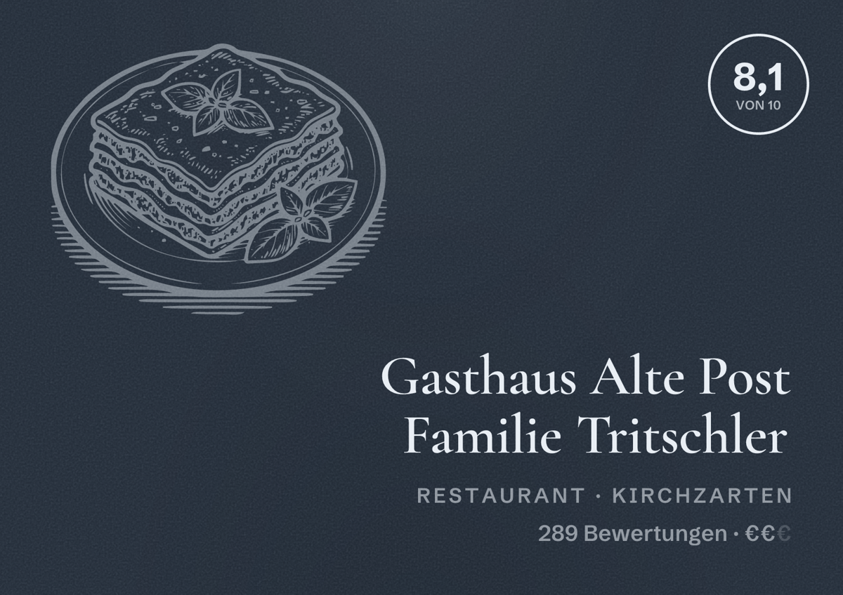Illustriertes Poster von Gasthaus Alte Post Familie Tritschler, Restaurant in Kirchzarten: Bewertung 8,1 von 10 aus 289 Bewertungen, Preisniveau €€