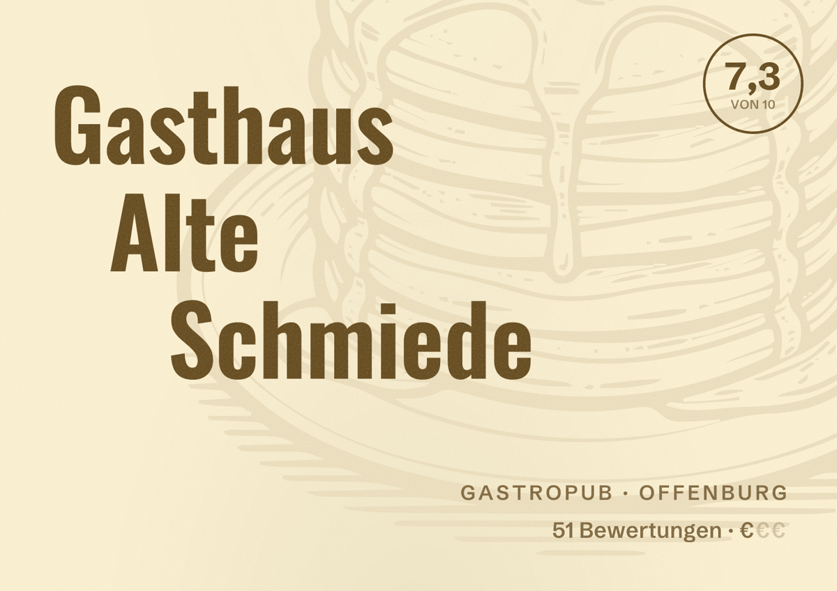 Illustriertes Poster von Gasthaus Alte Schmiede, Gastropub in Offenburg: Bewertung 7,3 von 10 aus 51 Bewertungen, Preisniveau €