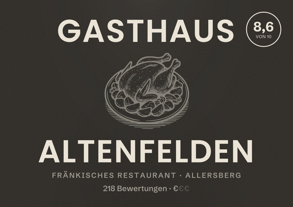 Illustriertes Poster von Gasthaus Altenfelden, Fränkisches Restaurant in Allersberg: Bewertung 8,6 von 10 aus 218 Bewertungen, Preisniveau €
