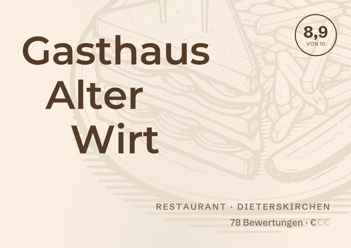 Illustriertes Poster von Gasthaus Alter Wirt, Restaurant in Dieterskirchen: Bewertung 8,9 von 10 aus 78 Bewertungen, Preisniveau €