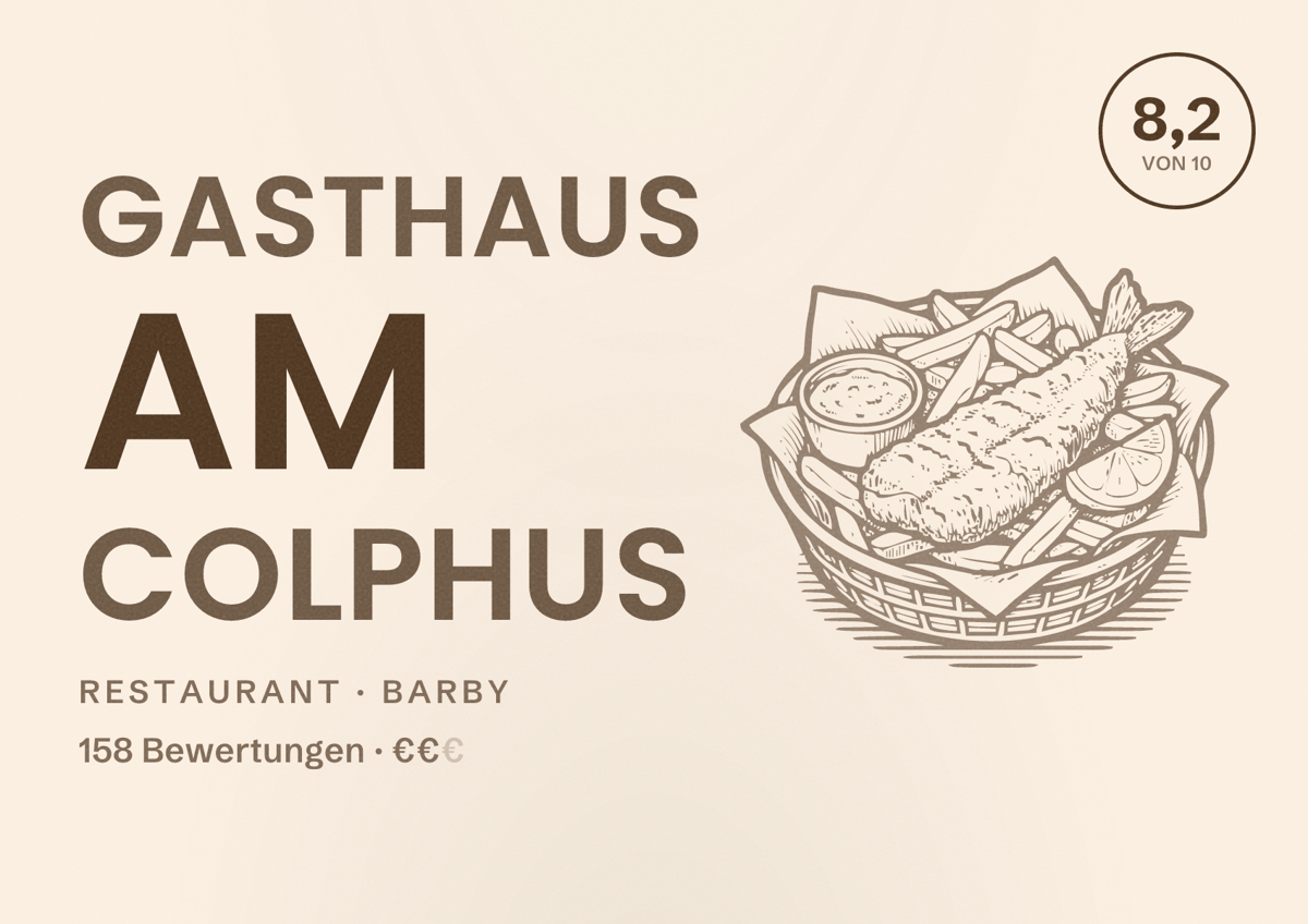 Illustriertes Poster von Gasthaus Am Colphus, Restaurant in Barby: Bewertung 8,2 von 10 aus 158 Bewertungen, Preisniveau €€