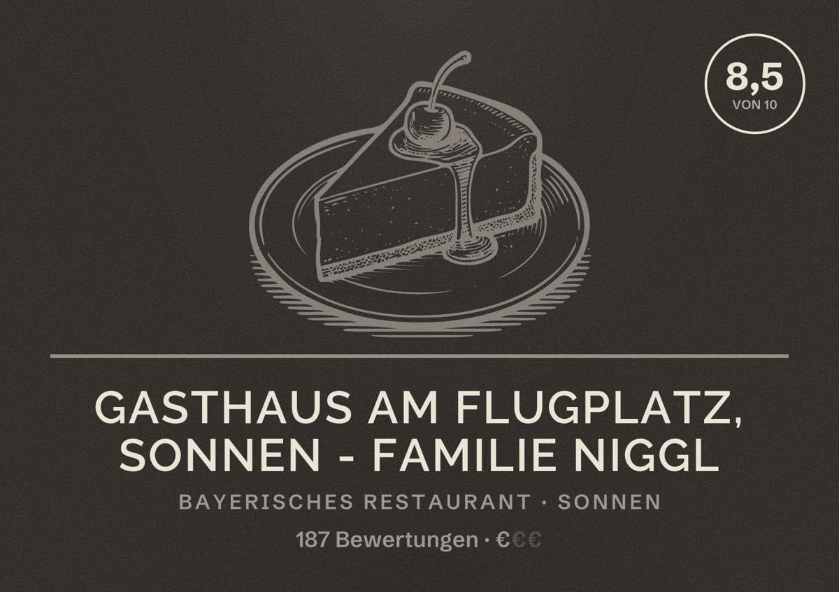 Illustriertes Poster von Gasthaus am Flugplatz, Sonnen - Familie Niggl, Bayerisches Restaurant in Sonnen: Bewertung 8,5 von 10 aus 187 Bewertungen, Preisniveau €