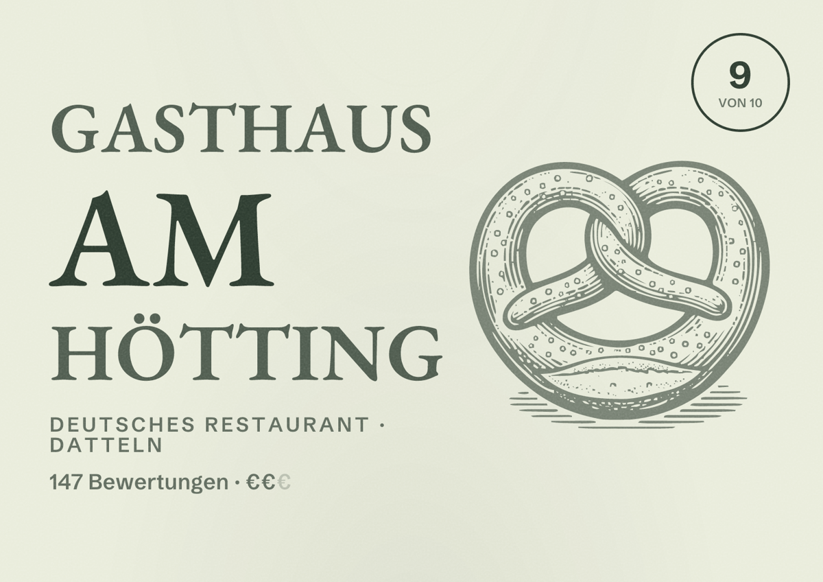 Illustriertes Poster von Gasthaus Am Hötting, Deutsches Restaurant in Datteln: Bewertung 9,0 von 10 aus 147 Bewertungen, Preisniveau €€