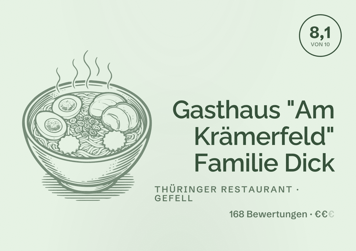 Illustriertes Poster von Gasthaus "Am Krämerfeld" Familie Dick, Thüringer Restaurant in Gefell: Bewertung 8,1 von 10 aus 168 Bewertungen, Preisniveau €€