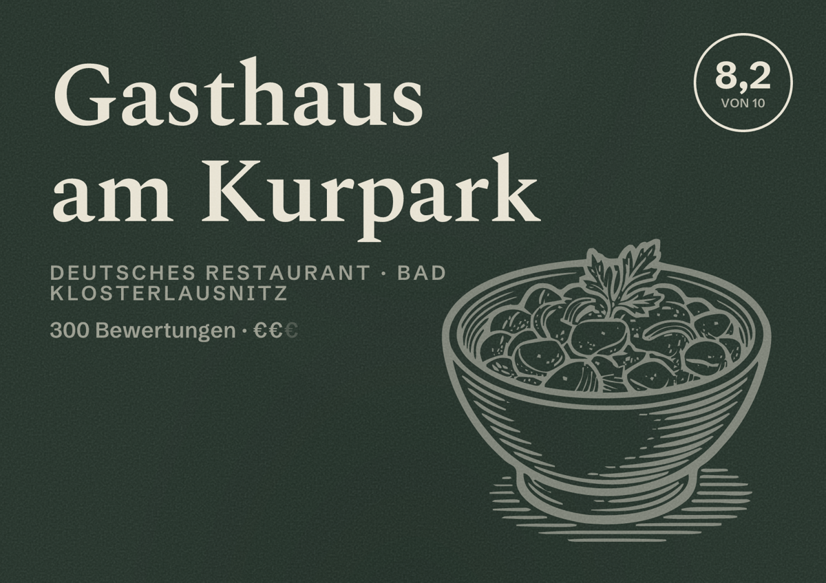 Illustriertes Poster von Gasthaus am Kurpark, Deutsches Restaurant in Bad Klosterlausnitz: Bewertung 8,2 von 10 aus 300 Bewertungen, Preisniveau €€