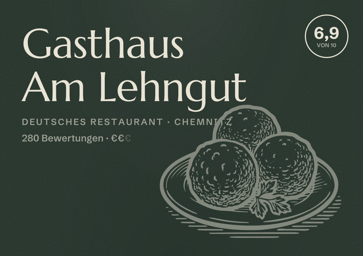 Illustriertes Poster von Gasthaus Am Lehngut, Deutsches Restaurant in Chemnitz: Bewertung 6,9 von 10 aus 280 Bewertungen, Preisniveau €€