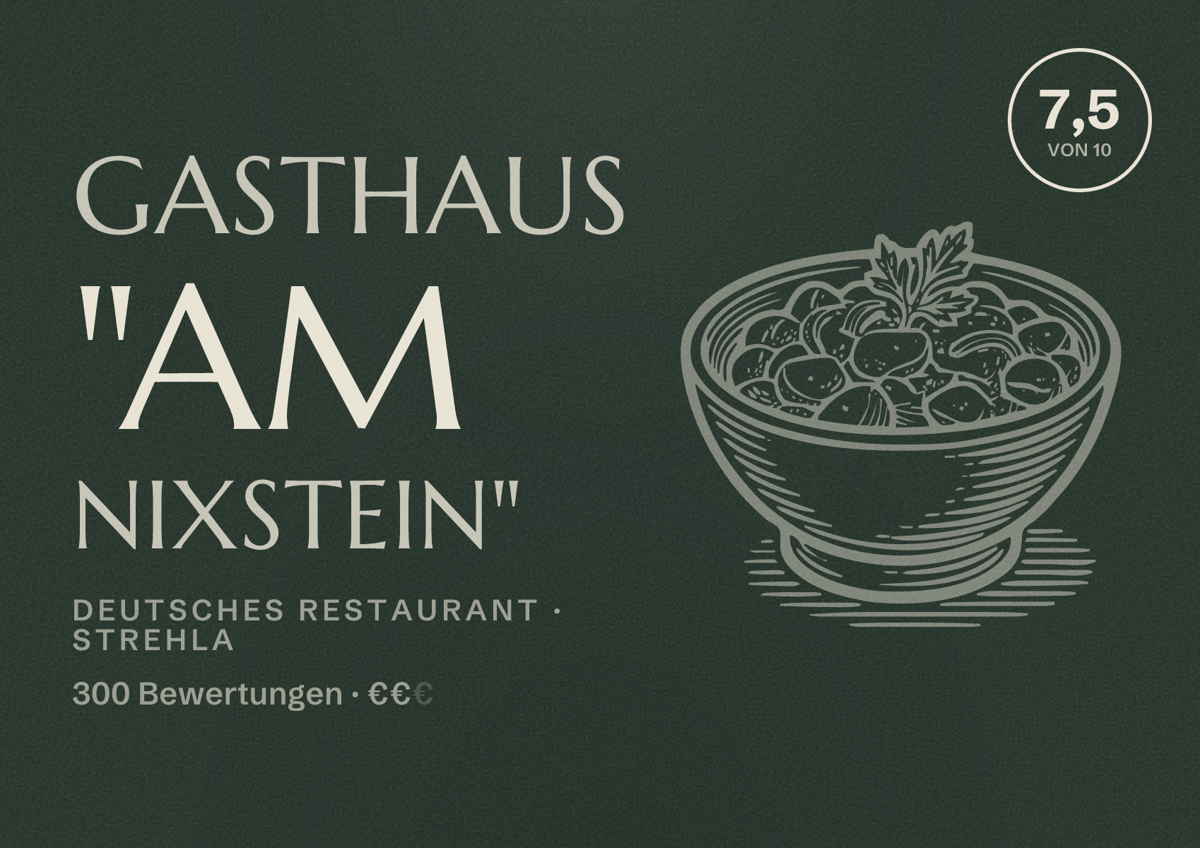 Illustriertes Poster von Gasthaus "Am Nixstein", Deutsches Restaurant in Strehla: Bewertung 7,5 von 10 aus 300 Bewertungen, Preisniveau €€