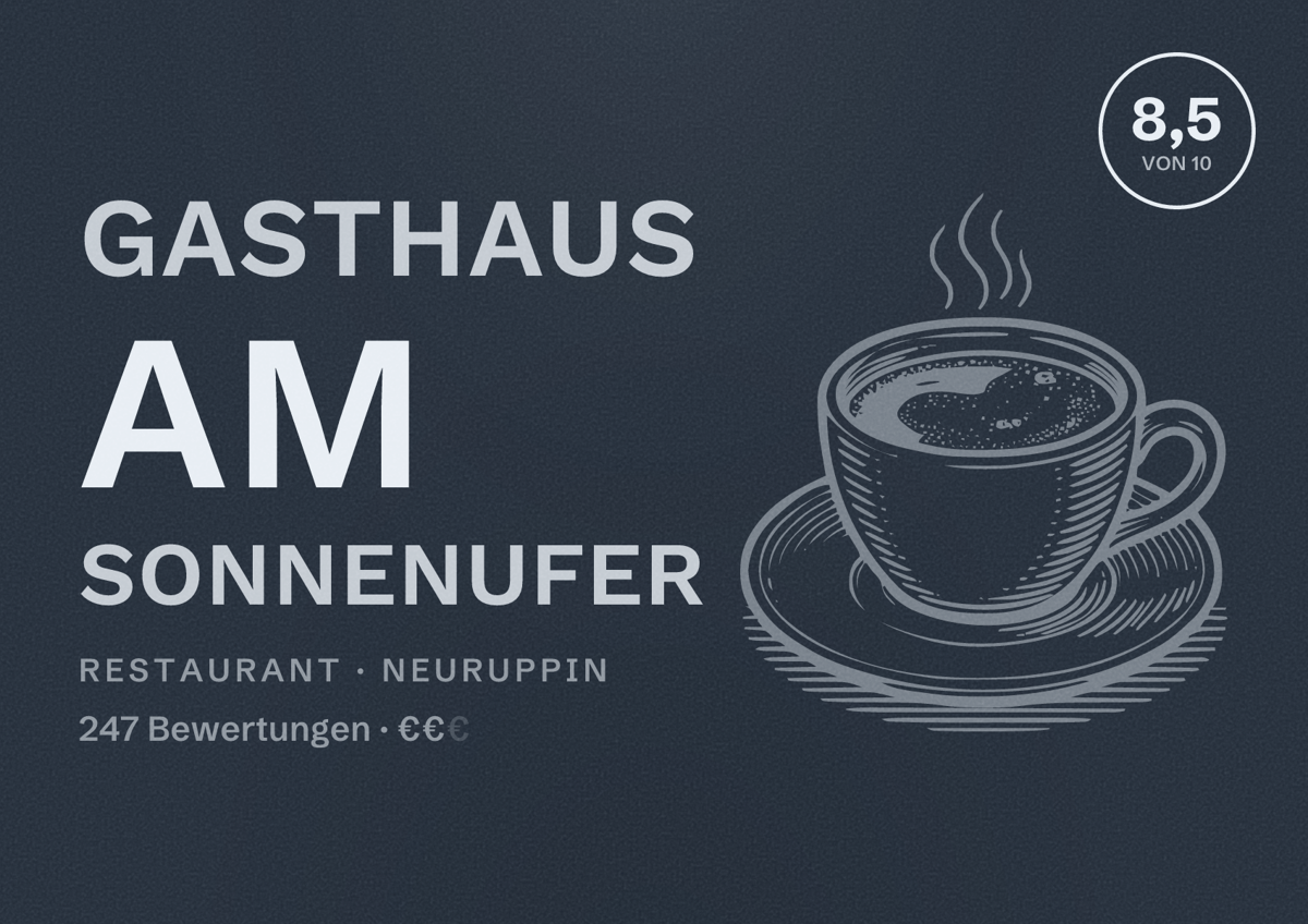 Illustriertes Poster von Gasthaus am Sonnenufer, Restaurant in Neuruppin: Bewertung 8,5 von 10 aus 247 Bewertungen, Preisniveau €€