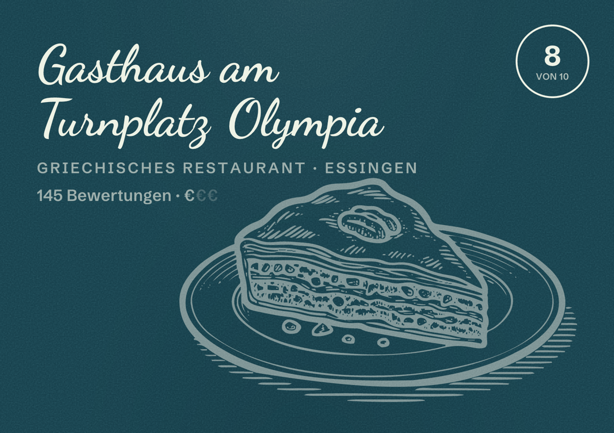 Illustriertes Poster von Gasthaus am Turnplatz Olympia, Griechisches Restaurant in Essingen: Bewertung 8 von 10 aus 145 Bewertungen, Preisniveau €