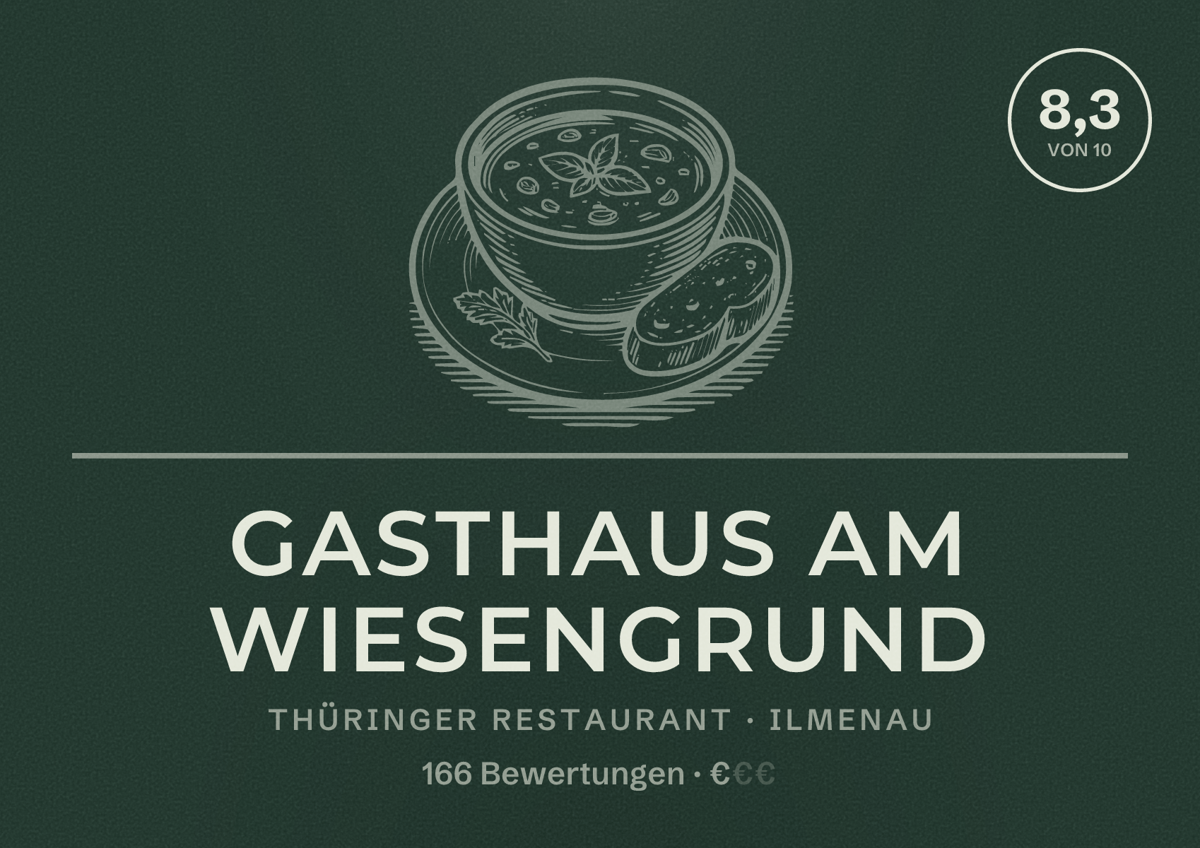 Illustriertes Poster von Gasthaus Am Wiesengrund, Thüringer Restaurant in Ilmenau: Bewertung 8,3 von 10 aus 166 Bewertungen, Preisniveau €