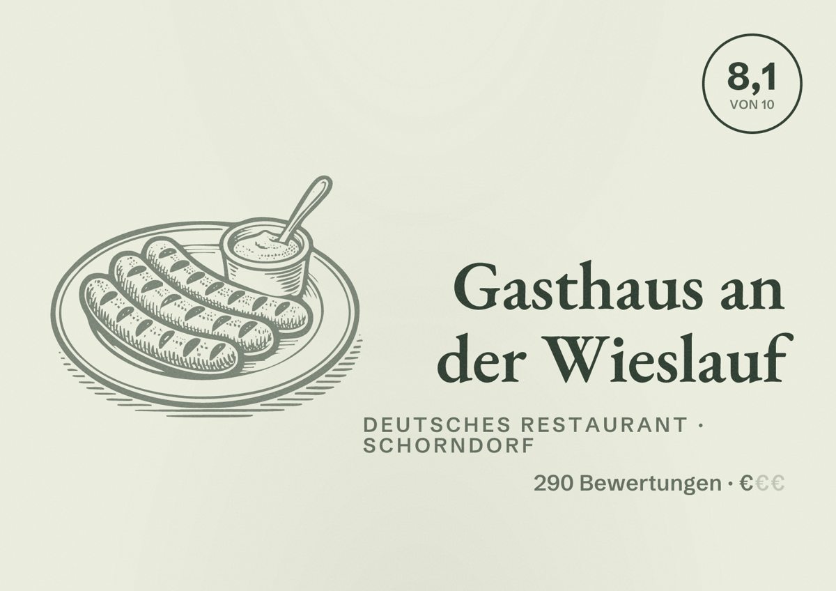 Illustriertes Poster von Gasthaus an der Wieslauf, Deutsches Restaurant in Schorndorf: Bewertung 8,1 von 10 aus 290 Bewertungen, Preisniveau €
