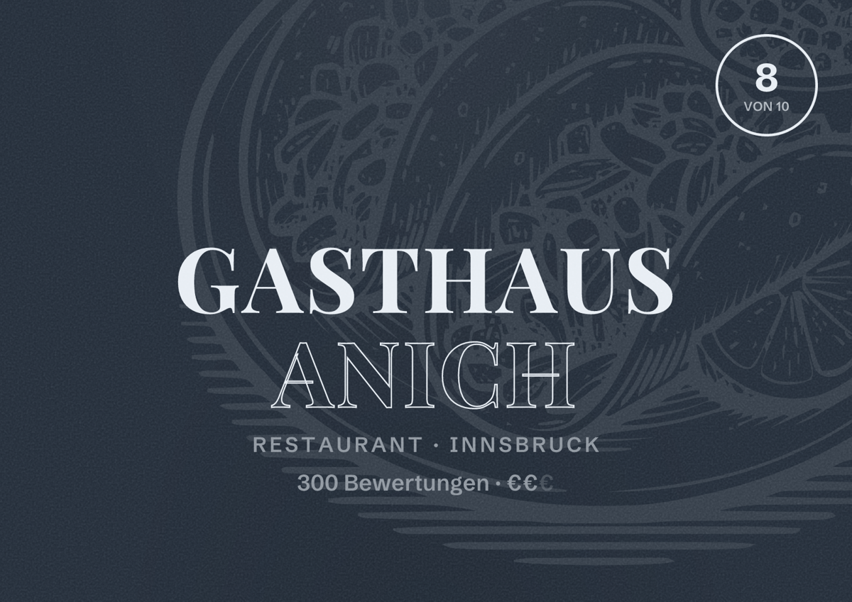 Illustriertes Poster von Gasthaus Anich, Restaurant in Innsbruck: Bewertung 8 von 10 aus 300 Bewertungen, Preisniveau €€