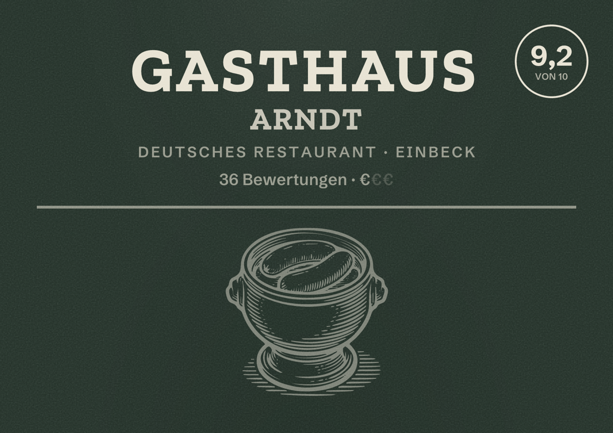 Illustriertes Poster von Gasthaus Arndt, Deutsches Restaurant in Einbeck: Bewertung 9,2 von 10 aus 36 Bewertungen, Preisniveau €