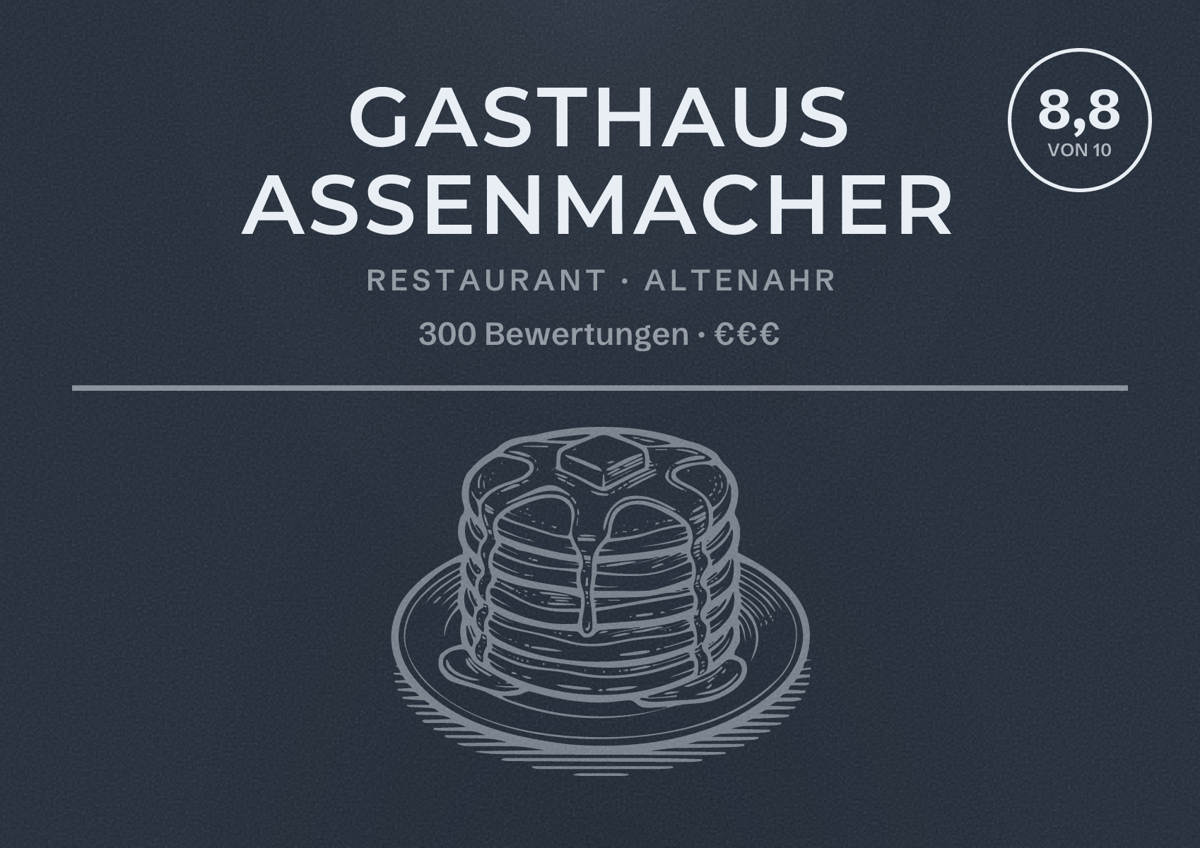 Illustriertes Poster von Gasthaus Assenmacher, Restaurant in Altenahr: Bewertung 8,8 von 10 aus 300 Bewertungen, Preisniveau €€€
