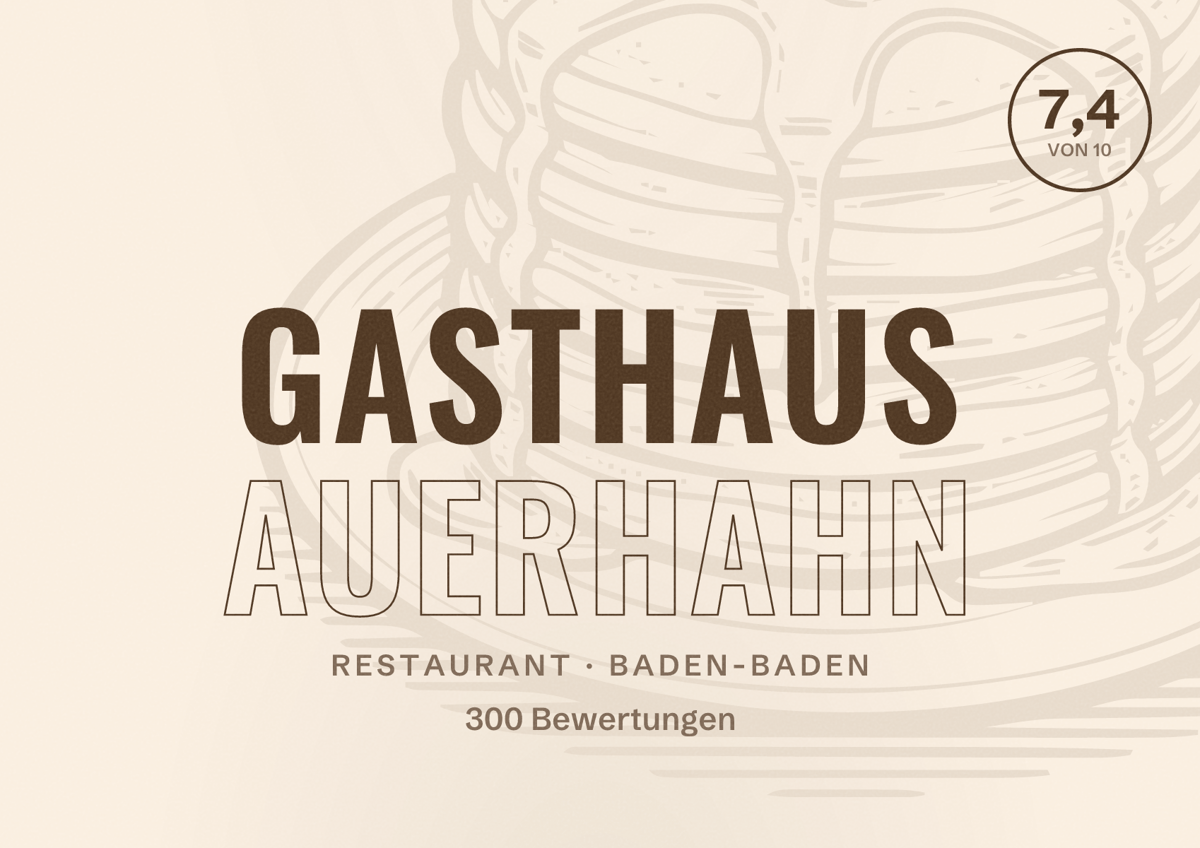 Illustriertes Poster von Gasthaus Auerhahn, Restaurant in Baden-Baden: Bewertung 7,4 von 10 aus 300 Bewertungen