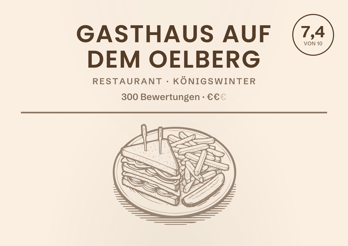 Illustriertes Poster von Gasthaus auf dem Oelberg, Restaurant in Königswinter: Bewertung 7,4 von 10 aus 300 Bewertungen, Preisniveau €€