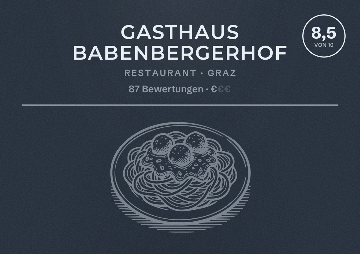 Illustriertes Poster von Gasthaus Babenbergerhof, Restaurant in Graz: Bewertung 8,5 von 10 aus 87 Bewertungen, Preisniveau €