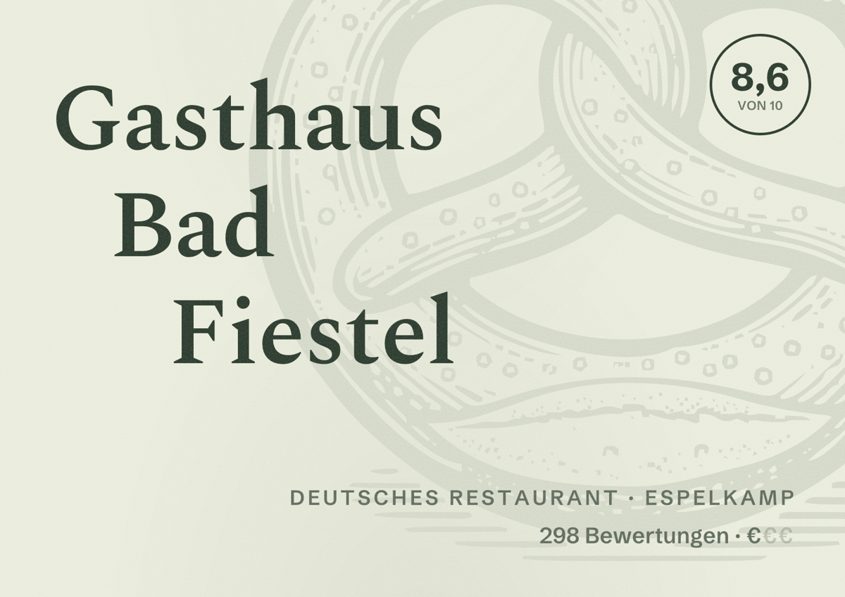 Illustriertes Poster von Gasthaus Bad Fiestel, Deutsches Restaurant in Espelkamp: Bewertung 8,6 von 10 aus 298 Bewertungen, Preisniveau €