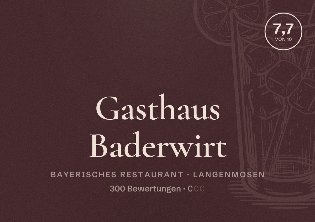 Illustriertes Poster von Gasthaus Baderwirt, Bayerisches Restaurant in Langenmosen: Bewertung 7,7 von 10 aus 300 Bewertungen, Preisniveau €