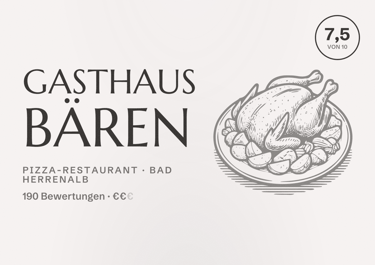Illustriertes Poster von Gasthaus Bären, Pizza-Restaurant in Bad Herrenalb: Bewertung 7,5 von 10 aus 190 Bewertungen, Preisniveau €€