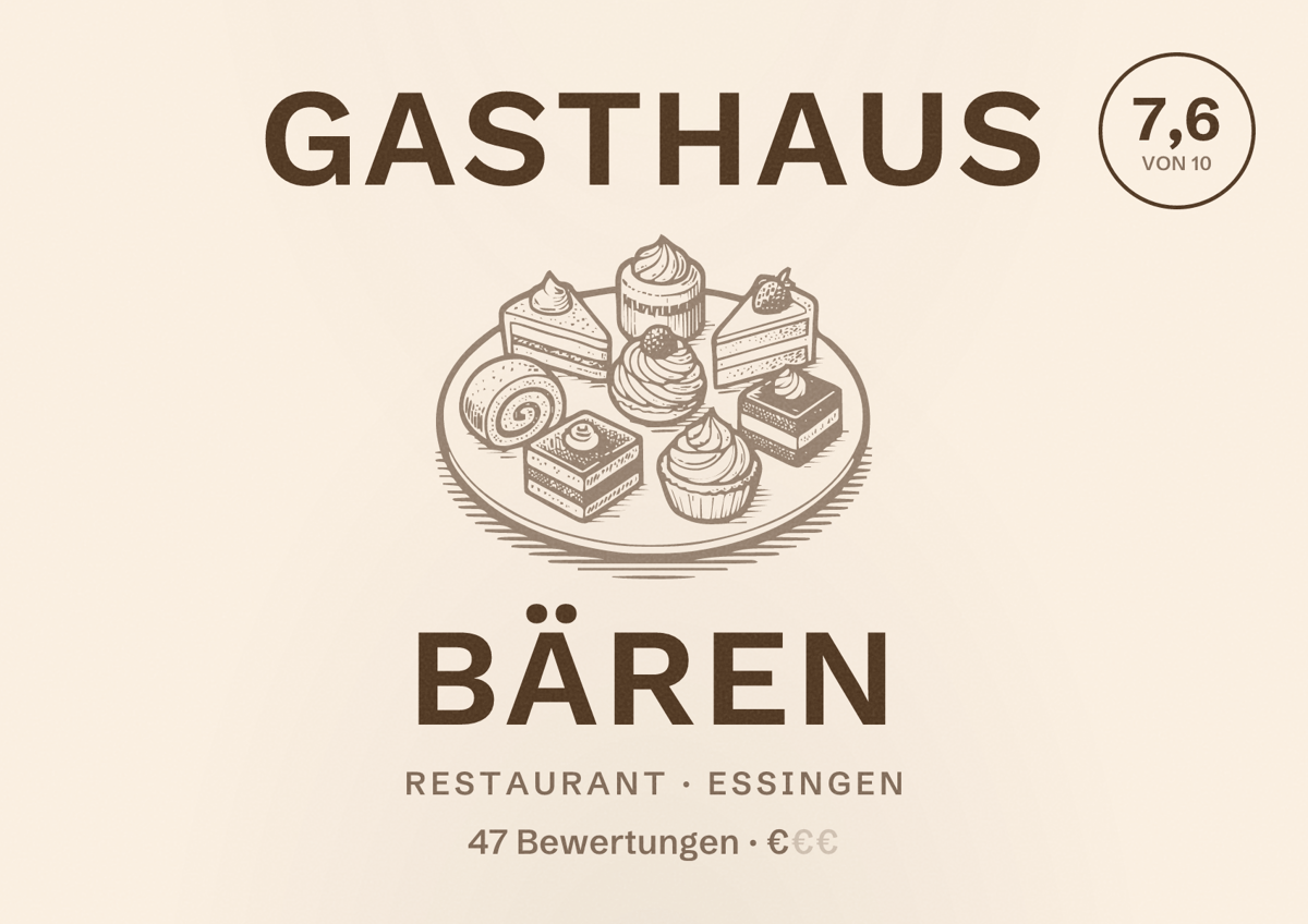 Illustriertes Poster von Gasthaus Bären, Restaurant in Essingen: Bewertung 7,6 von 10 aus 47 Bewertungen, Preisniveau €