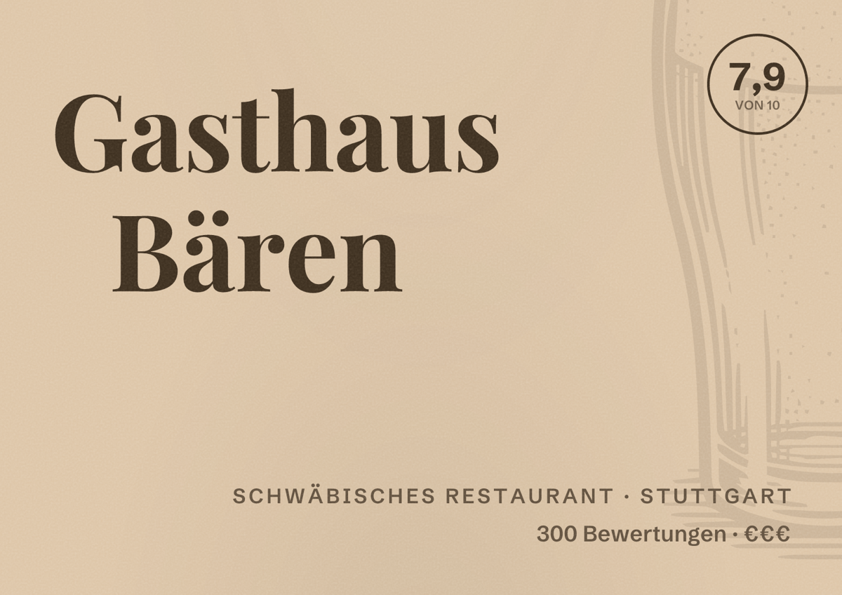 Illustriertes Poster von Gasthaus Bären, Schwäbisches Restaurant in Stuttgart: Bewertung 7,9 von 10 aus 300 Bewertungen, Preisniveau €€€