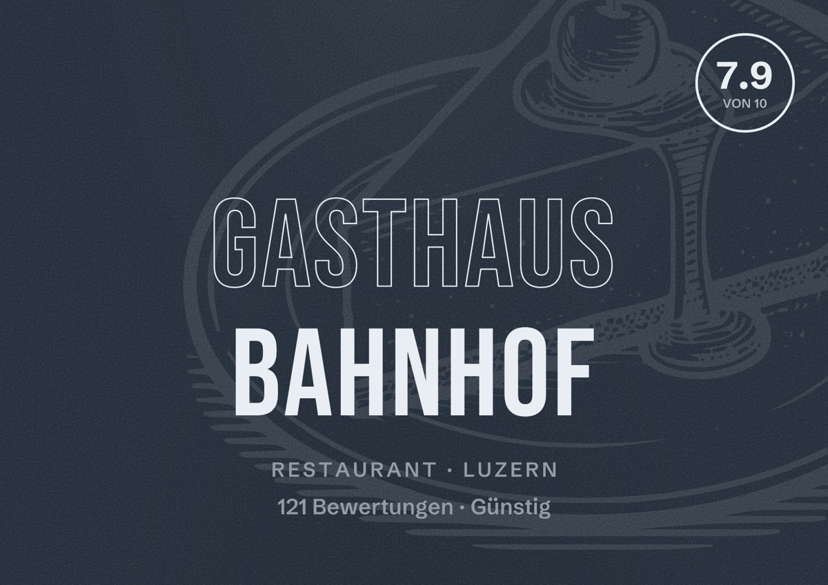 Illustriertes Poster von Gasthaus Bahnhof, Restaurant in Luzern: Bewertung 7.9 von 10 aus 121 Bewertungen, Preisniveau Günstig