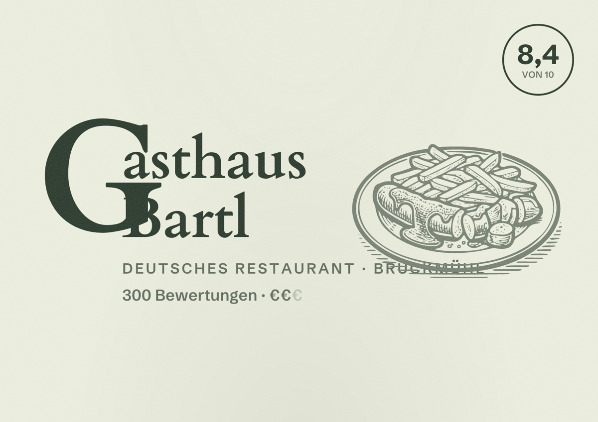 Illustriertes Poster von Gasthaus Bartl, Deutsches Restaurant in Bruckmühl: Bewertung 8,4 von 10 aus 300 Bewertungen, Preisniveau €€