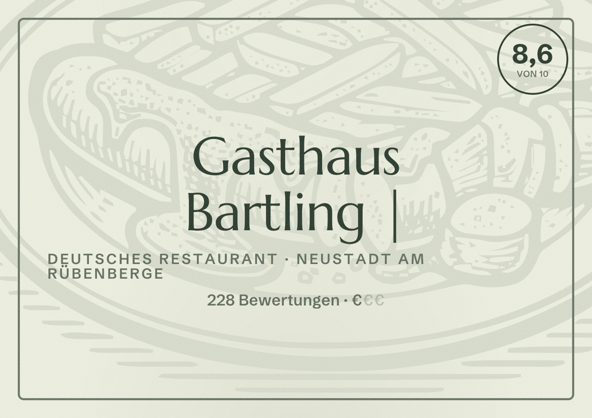 Illustriertes Poster von Gasthaus Bartling |, Deutsches Restaurant in Neustadt am Rübenberge: Bewertung 8,6 von 10 aus 228 Bewertungen, Preisniveau €