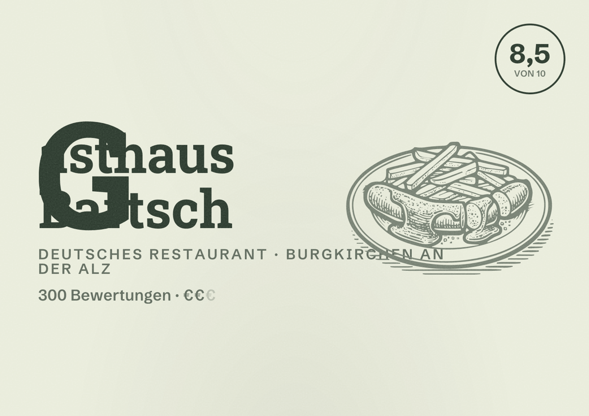 Illustriertes Poster von Gasthaus Bartsch, Deutsches Restaurant in Burgkirchen an der Alz: Bewertung 8,5 von 10 aus 300 Bewertungen, Preisniveau €€