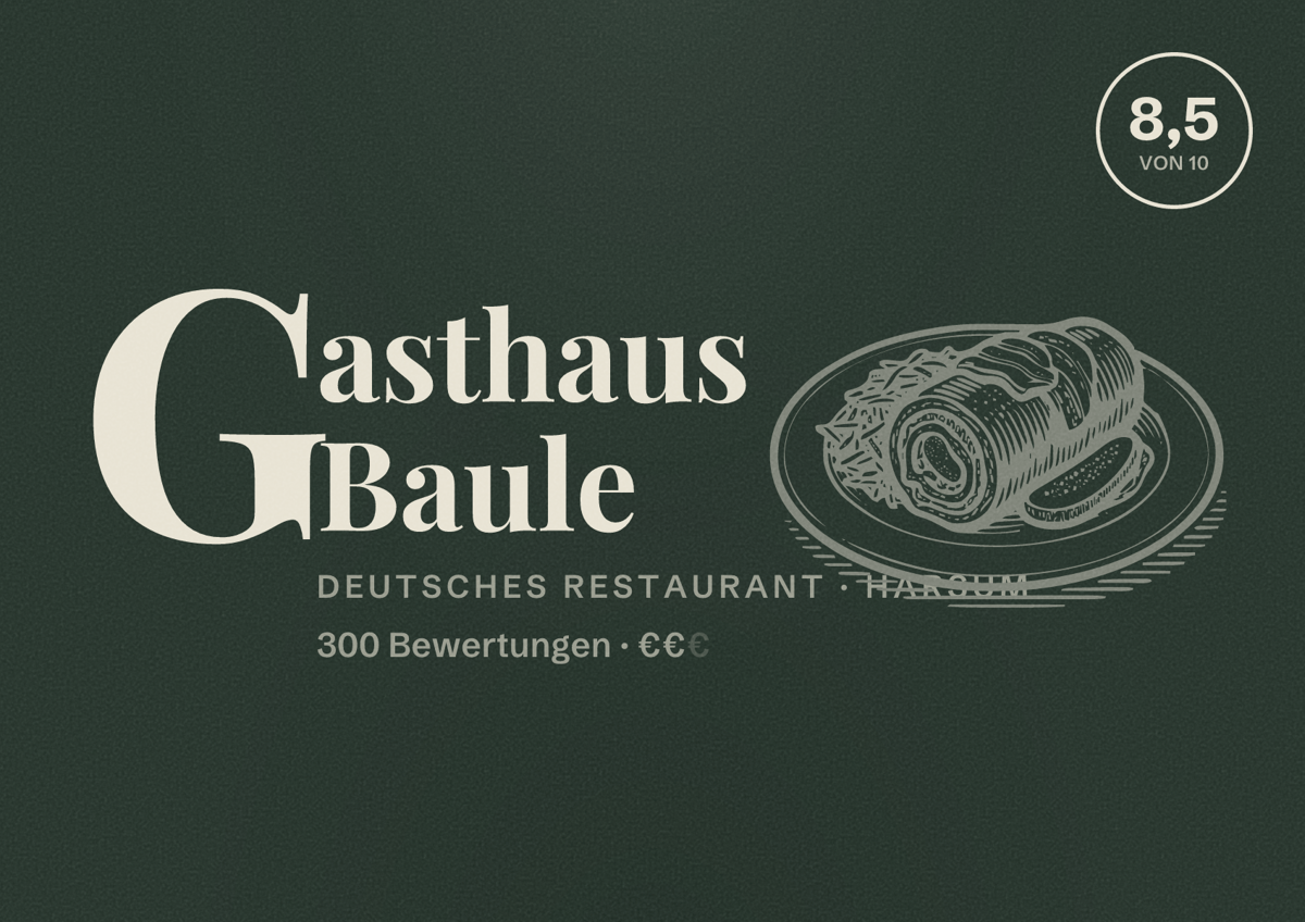 Illustriertes Poster von Gasthaus Baule, Deutsches Restaurant in Harsum: Bewertung 8,5 von 10 aus 300 Bewertungen, Preisniveau €€