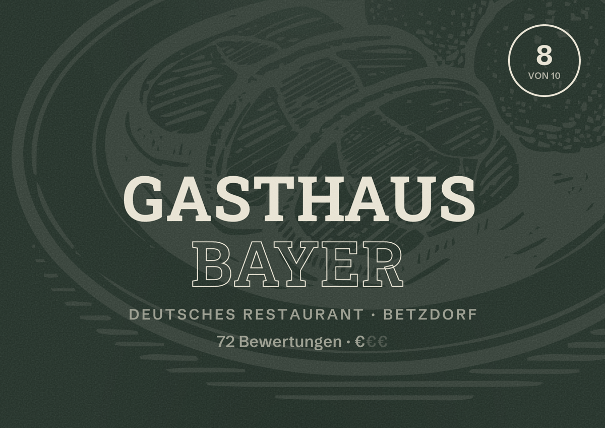 Illustriertes Poster von Gasthaus Bayer, Deutsches Restaurant in Betzdorf: Bewertung 8 von 10 aus 72 Bewertungen, Preisniveau €