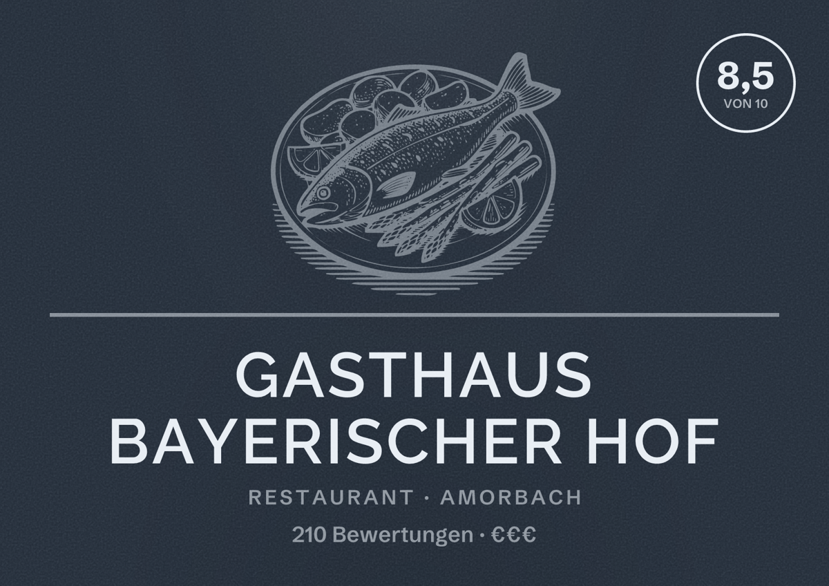 Illustriertes Poster von Gasthaus Bayerischer Hof, Restaurant in Amorbach: Bewertung 8,5 von 10 aus 210 Bewertungen, Preisniveau €€€