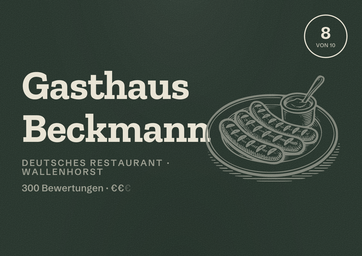 Illustriertes Poster von Gasthaus Beckmann, Deutsches Restaurant in Wallenhorst: Bewertung 8 von 10 aus 300 Bewertungen, Preisniveau €€