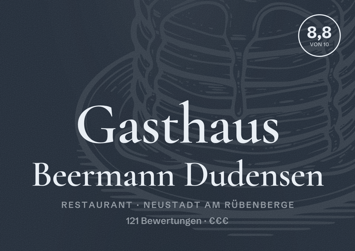 Illustriertes Poster von Gasthaus Beermann Dudensen, Restaurant in Neustadt am Rübenberge: Bewertung 8,8 von 10 aus 121 Bewertungen, Preisniveau €€€