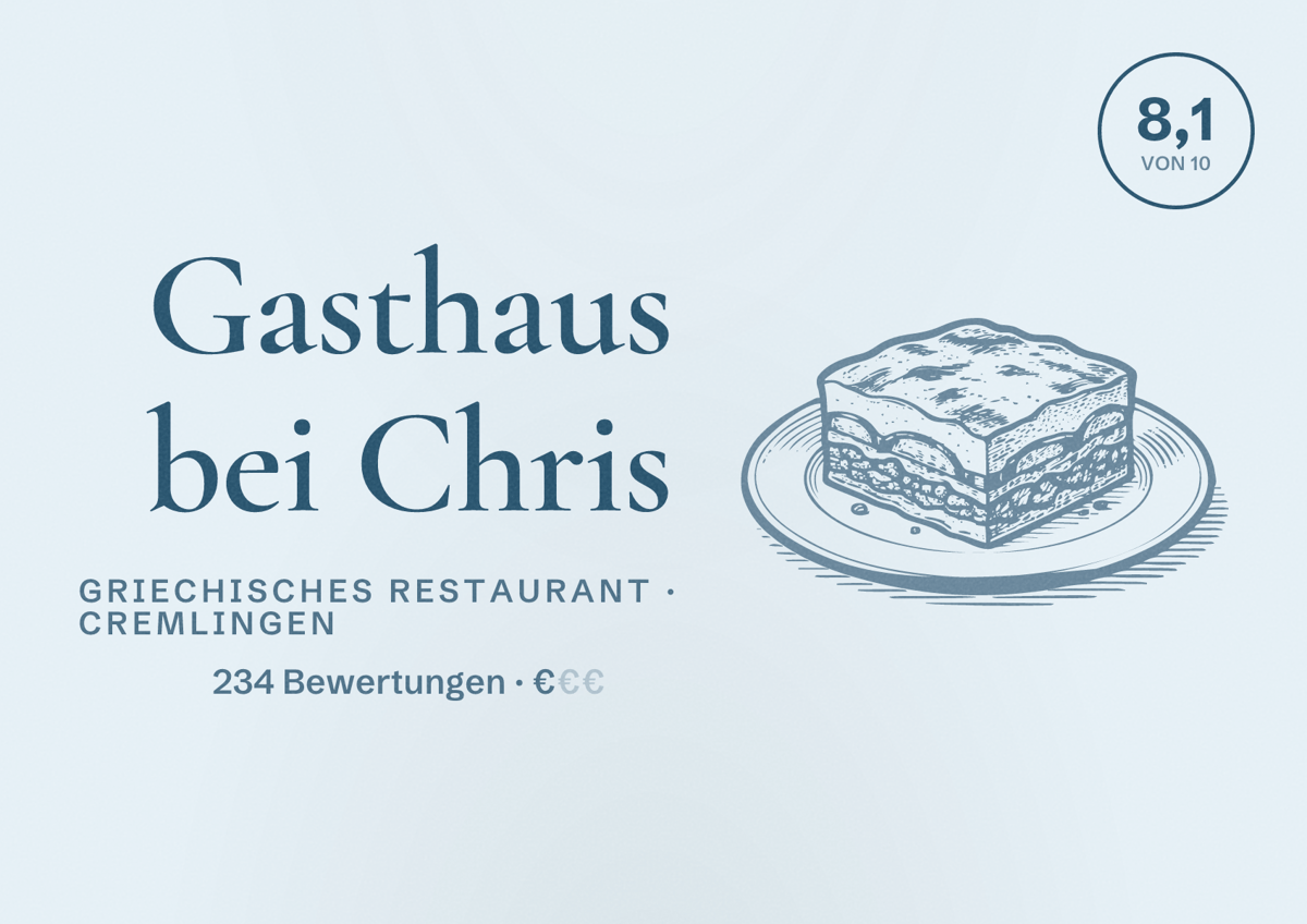 Illustriertes Poster von Gasthaus bei Chris, Griechisches Restaurant in Cremlingen: Bewertung 8,1 von 10 aus 234 Bewertungen, Preisniveau €