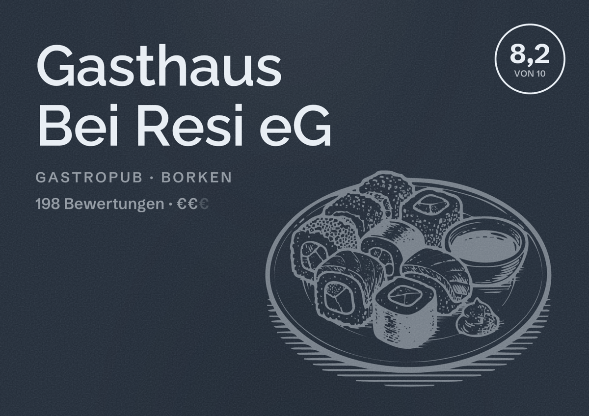 Illustriertes Poster von Gasthaus Bei Resi eG, Gastropub in Borken: Bewertung 8,2 von 10 aus 198 Bewertungen, Preisniveau €€