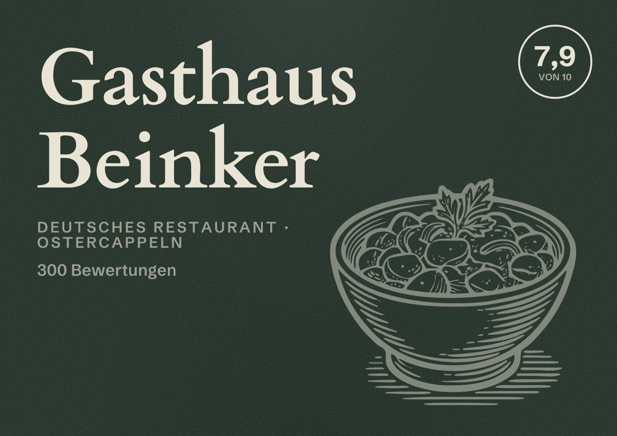 Illustriertes Poster von Gasthaus Beinker, Deutsches Restaurant in Ostercappeln: Bewertung 7,9 von 10 aus 300 Bewertungen