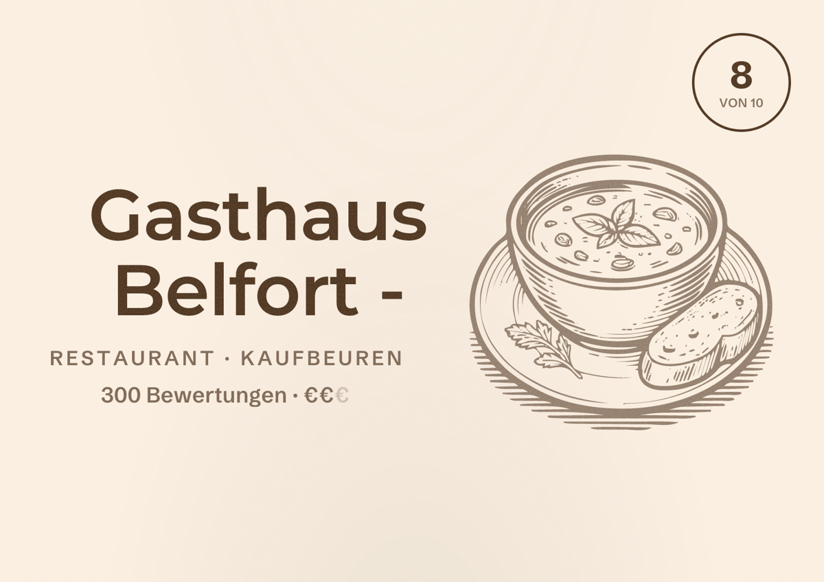 Illustriertes Poster von Gasthaus Belfort -, Restaurant in Kaufbeuren: Bewertung 8 von 10 aus 300 Bewertungen, Preisniveau €€