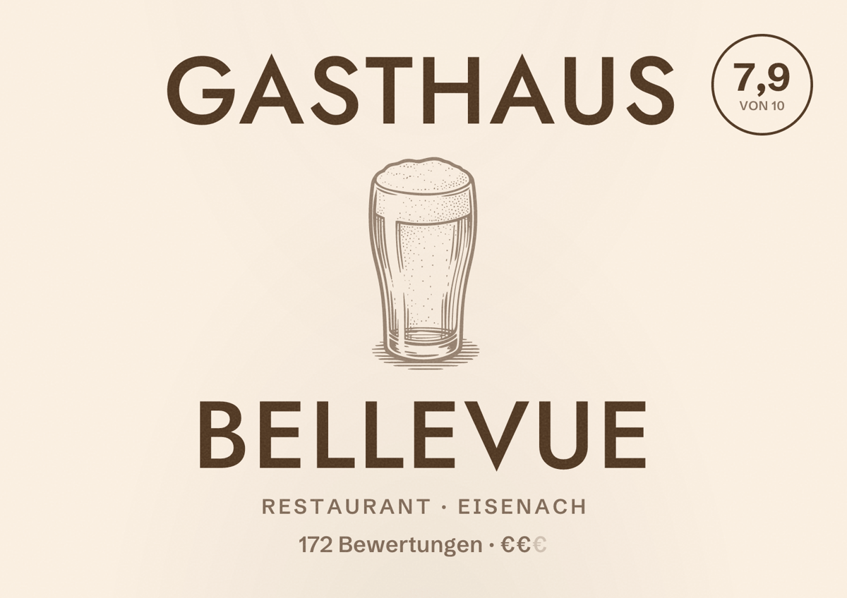 Illustriertes Poster von Gasthaus Bellevue, Restaurant in Eisenach: Bewertung 7,9 von 10 aus 172 Bewertungen, Preisniveau €€