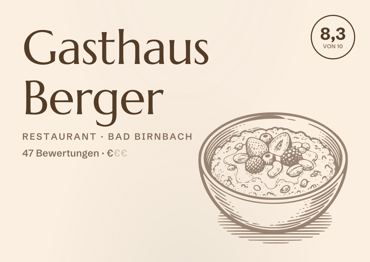 Illustriertes Poster von Gasthaus Berger, Restaurant in Bad Birnbach: Bewertung 8,3 von 10 aus 47 Bewertungen, Preisniveau €