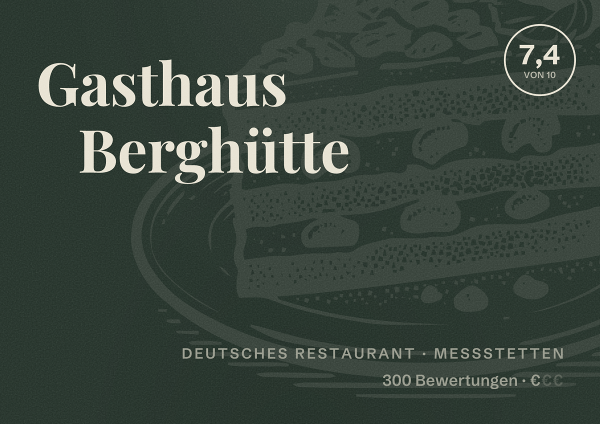 Illustriertes Poster von Gasthaus Berghütte, Deutsches Restaurant in Meßstetten: Bewertung 7,4 von 10 aus 300 Bewertungen, Preisniveau €