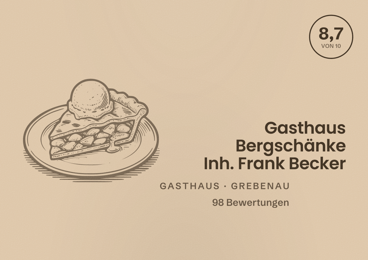 Illustriertes Poster von Gasthaus Bergschänke Inh. Frank Becker, Gasthaus in Grebenau: Bewertung 8,7 von 10 aus 98 Bewertungen