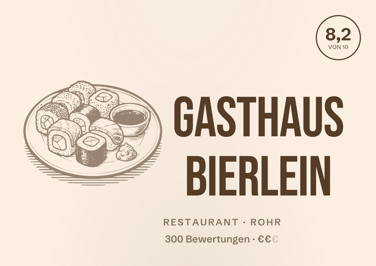 Illustriertes Poster von Gasthaus Bierlein, Restaurant in Rohr: Bewertung 8,2 von 10 aus 300 Bewertungen, Preisniveau €€