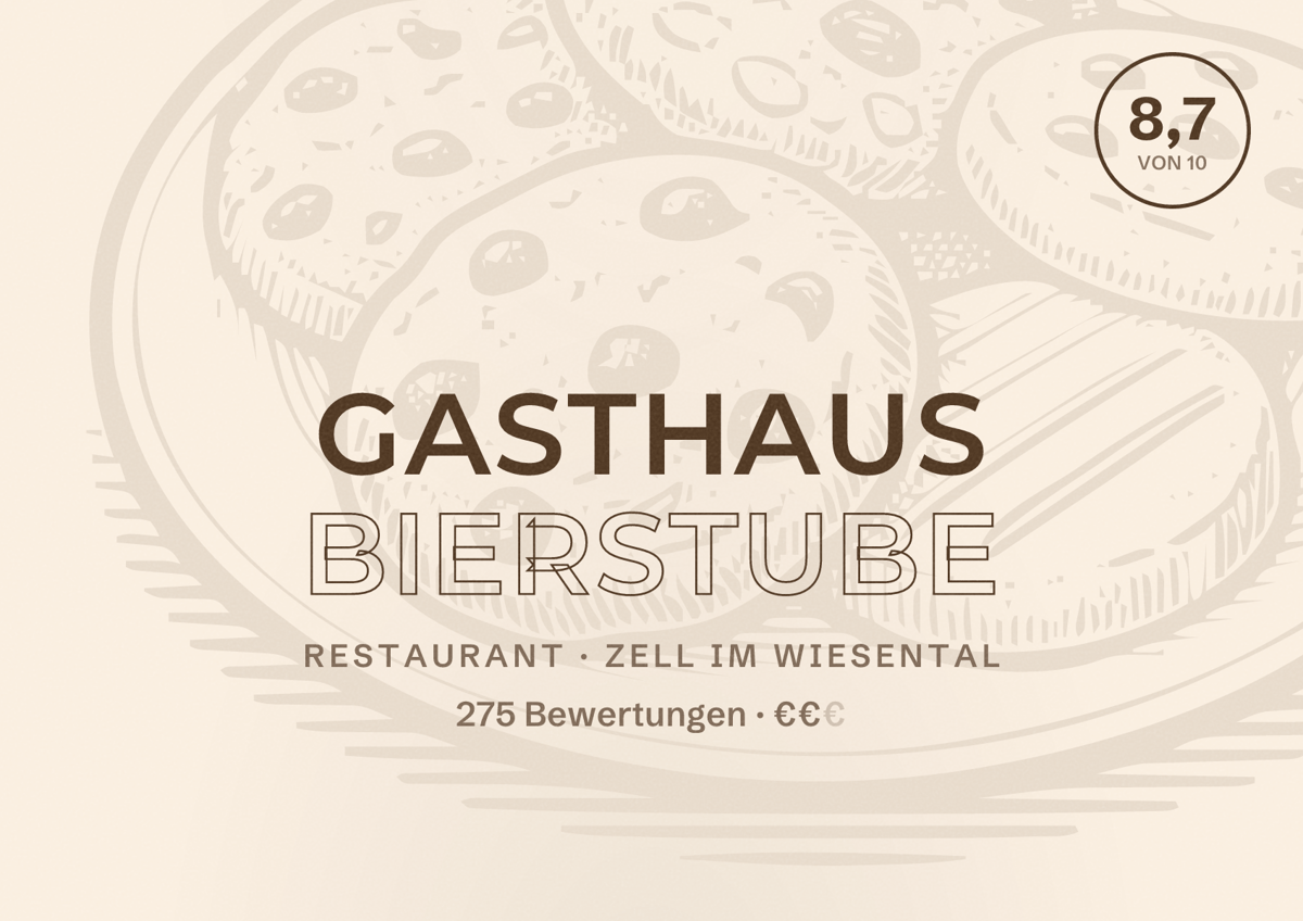 Illustriertes Poster von Gasthaus Bierstube, Restaurant in Zell im Wiesental: Bewertung 8,7 von 10 aus 275 Bewertungen, Preisniveau €€