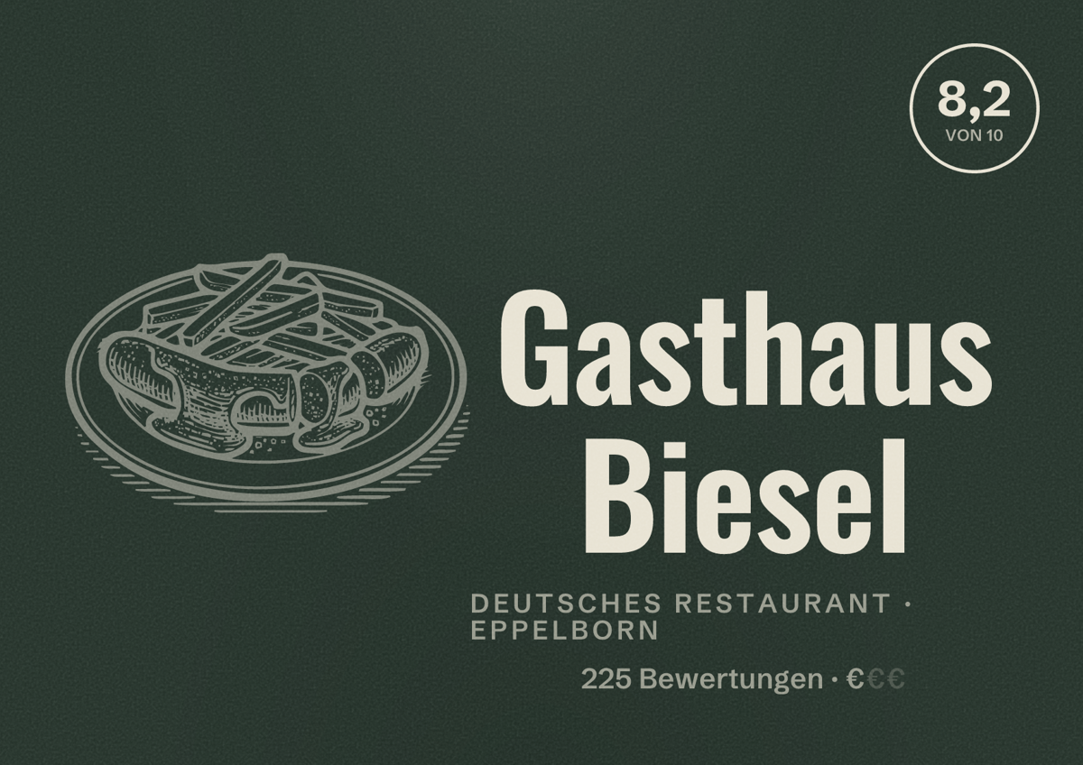 Illustriertes Poster von Gasthaus Biesel, Deutsches Restaurant in Eppelborn: Bewertung 8,2 von 10 aus 225 Bewertungen, Preisniveau €