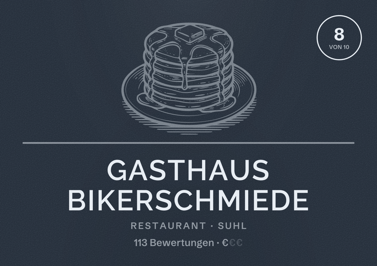 Illustriertes Poster von Gasthaus Bikerschmiede, Restaurant in Suhl: Bewertung 8 von 10 aus 113 Bewertungen, Preisniveau €