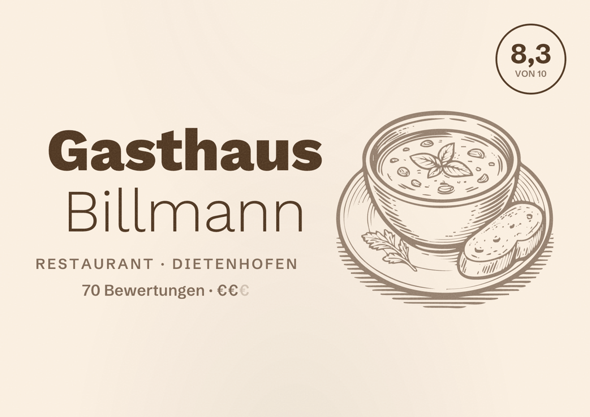 Illustriertes Poster von Gasthaus Billmann, Restaurant in Dietenhofen: Bewertung 8,3 von 10 aus 70 Bewertungen, Preisniveau €€